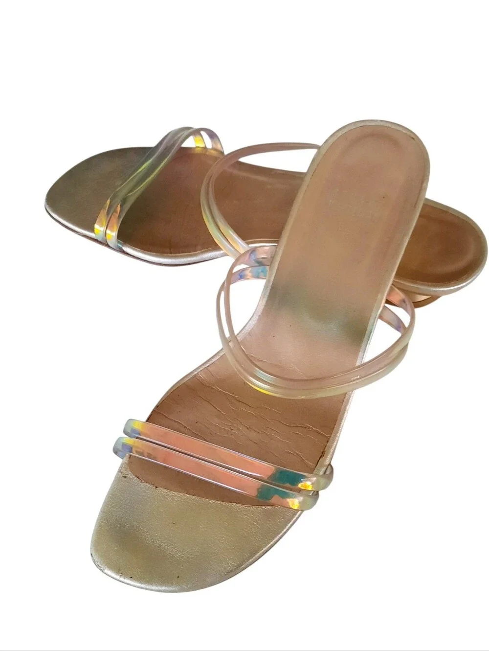STUART WEITZMAN Y2K Iridescent PVC Strappy Slide Sandals w/Gold Low Wedge 8.5M